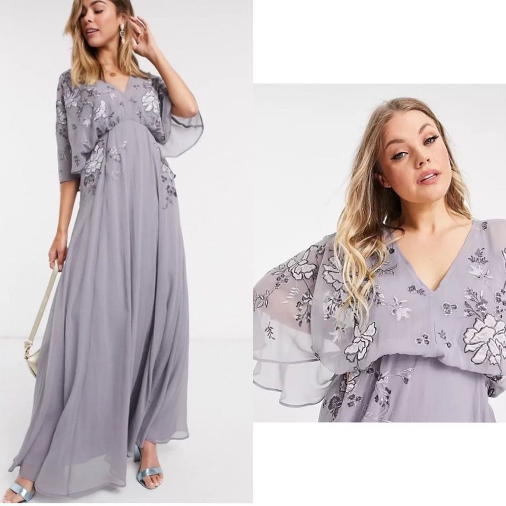 ASOS Blouson Embroidered Maxi Dress With Cape Back-purple
